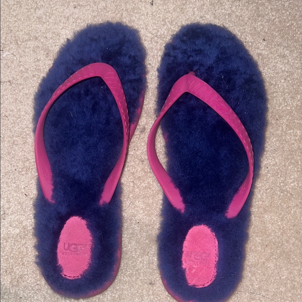 UGG Dark Blue and Pink Fluffy Sandals